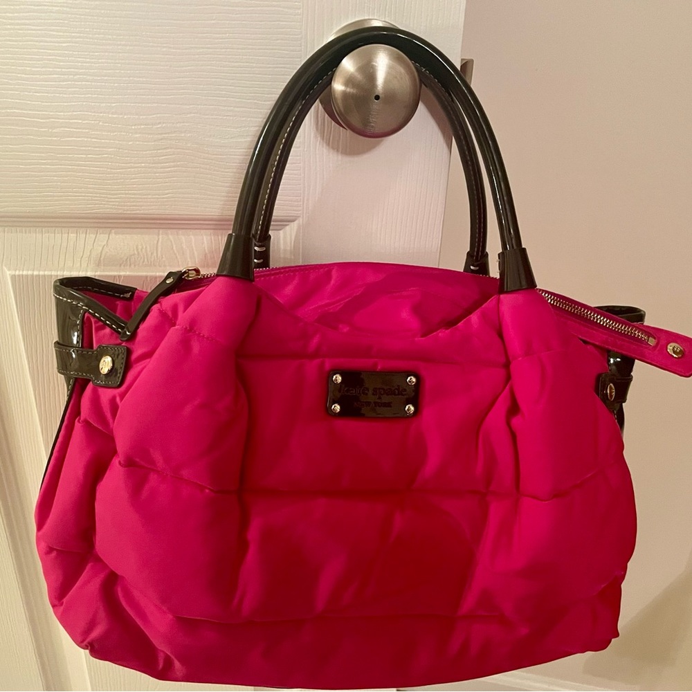 Kate Spade Large Handbag in color Fuchsia with Dark Brown Patent Leather Trim
